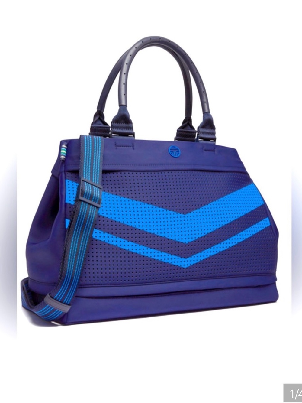 Tory Sport Navy and Bright Blue Chevron Perforated Tote Gym Bag